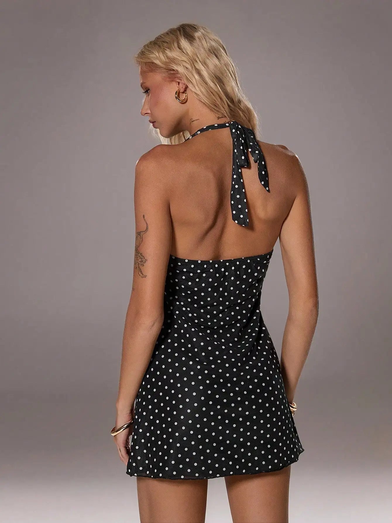 Women's Black Polka Dot Halter Mini Dress V-Neck Waist Cinched Casual Sexy