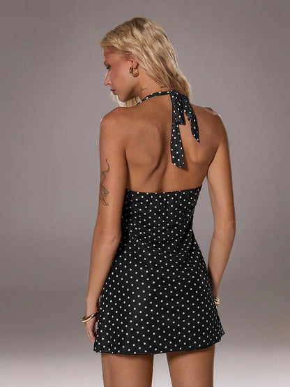 Women's Black Polka Dot Halter Mini Dress V-Neck Waist Cinched Casual Sexy