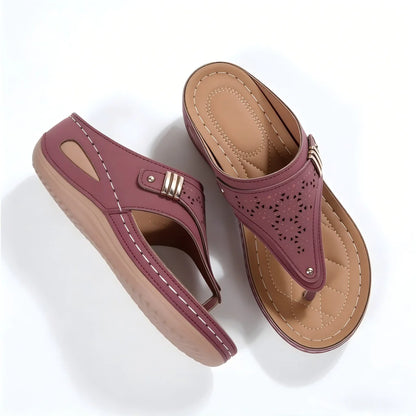 Women's Wedge Thong Sandals with Cut-Out Embroidery & Cork Sole