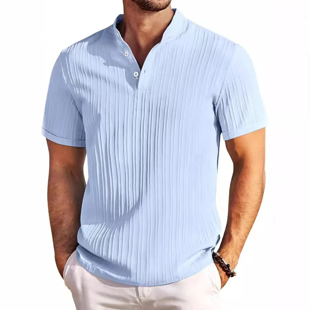 Hawaiian Men's Retro Cotton And Linen Henry Shirt Casual Loose With Sporty Stand-up Collar Buttons 2025 New Men's Casual Shirt