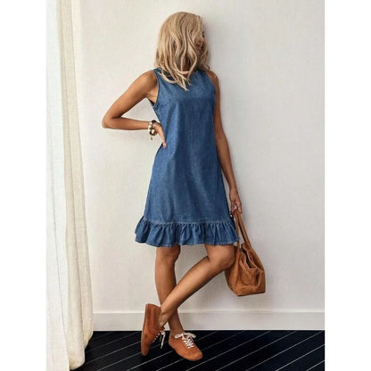 【New style】Button Back Ruffle Hem Denim Dress