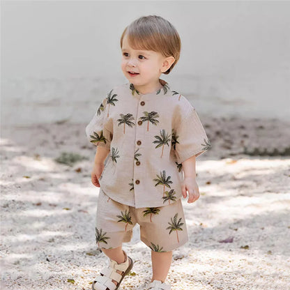 Summer Organic Cotton Baby Boy Suits Cute Printed Boy Short Sleeve Tshirt + Shorts Kids Clothes