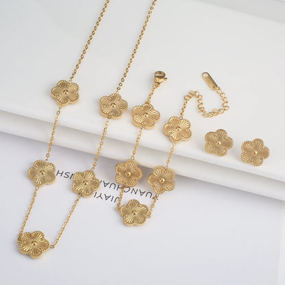 3Pcs 18k Gold-Plated Five-Leaf Flower Necklace Earrings Bracelet Jewelry Set for Woman Fashion Party Jewelry Daily Wear Clover