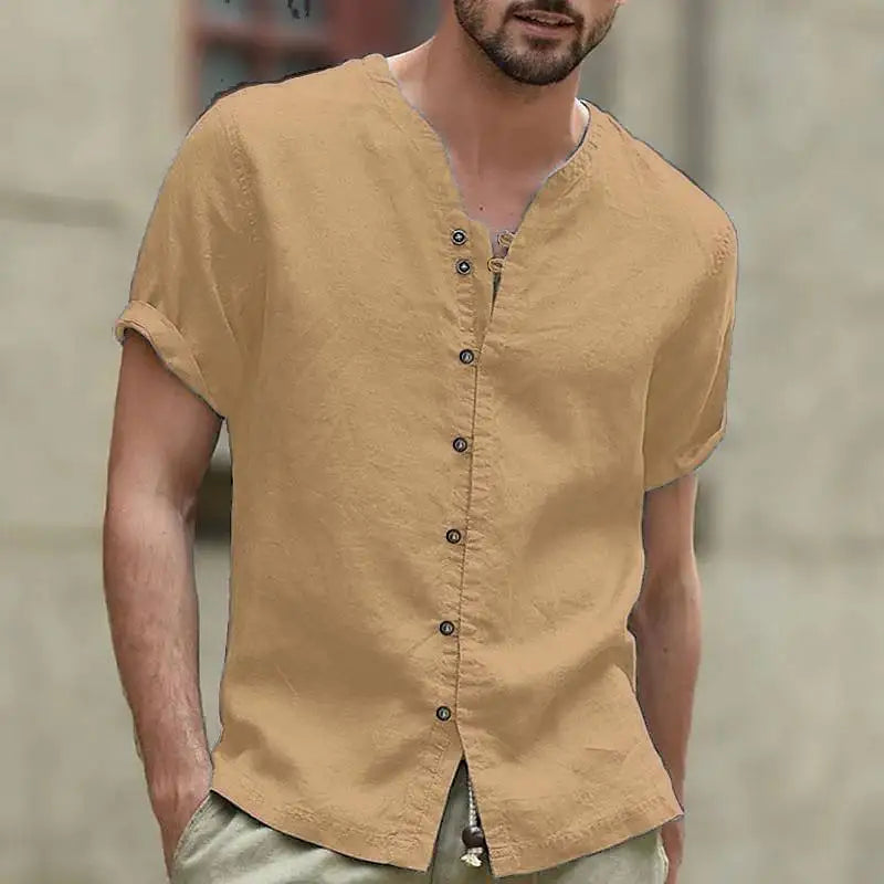 New linen shirt men's casual shirt lightweight short sleeved Henry Beach shirt Hawaii T-shirt men