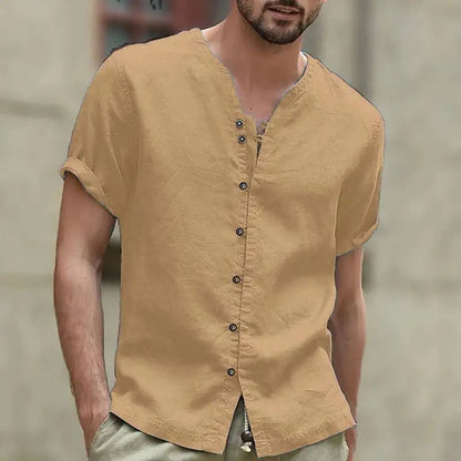 New linen shirt men's casual shirt lightweight short sleeved Henry Beach shirt Hawaii T-shirt men