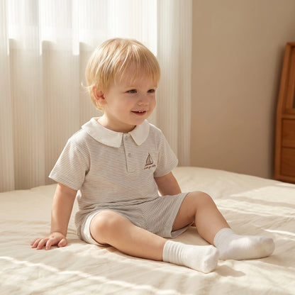 3M-3Y New Summer Baby Set Sailboat Embroidery Stripe Tee+Elastic Waist Shorts 2Pcs Clothes for Boys Girls Soft Thin Outfit