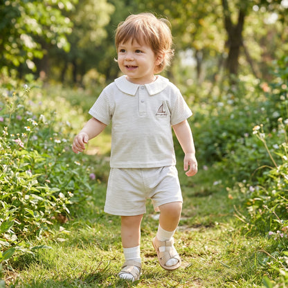 3M-3Y New Summer Baby Set Sailboat Embroidery Stripe Tee+Elastic Waist Shorts 2Pcs Clothes for Boys Girls Soft Thin Outfit