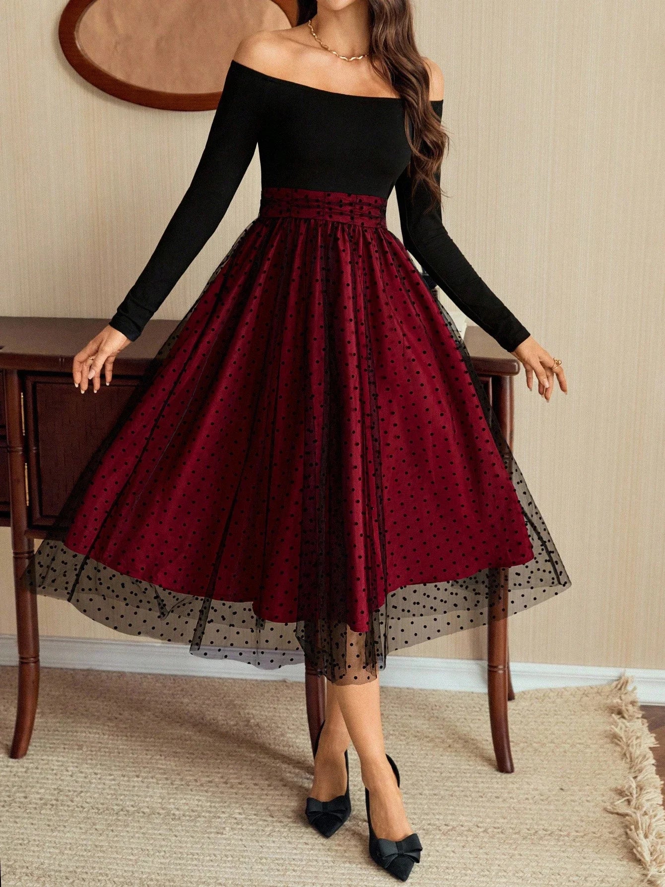 Vintage Elegant Off Shoulder Long Dress Polka Dot Mesh Skirt Party Dress For Women