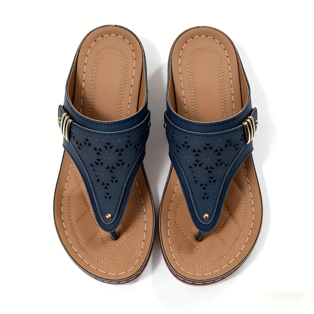 Women's Wedge Thong Sandals with Cut-Out Embroidery & Cork Sole