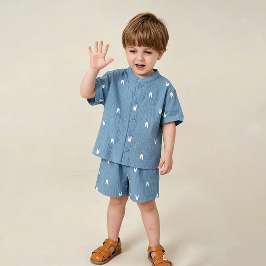 Summer Organic Cotton Baby Boy Suits Cute Printed Boy Short Sleeve Tshirt + Shorts Kids Clothes