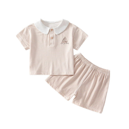 3M-3Y New Summer Baby Set Sailboat Embroidery Stripe Tee+Elastic Waist Shorts 2Pcs Clothes for Boys Girls Soft Thin Outfit