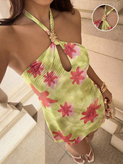 Red Mesh Floral Print Halter Backless A-Line Mini Dress For Women Spring Summer