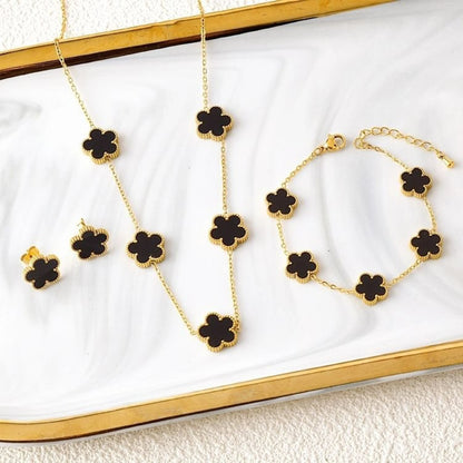 3Pcs 18k Gold-Plated Five-Leaf Flower Necklace Earrings Bracelet Jewelry Set for Woman Fashion Party Jewelry Daily Wear Clover