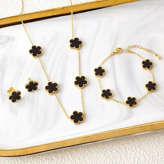 3Pcs 18k Gold-Plated Five-Leaf Flower Necklace Earrings Bracelet Jewelry Set for Woman Fashion Party Jewelry Daily Wear Clover