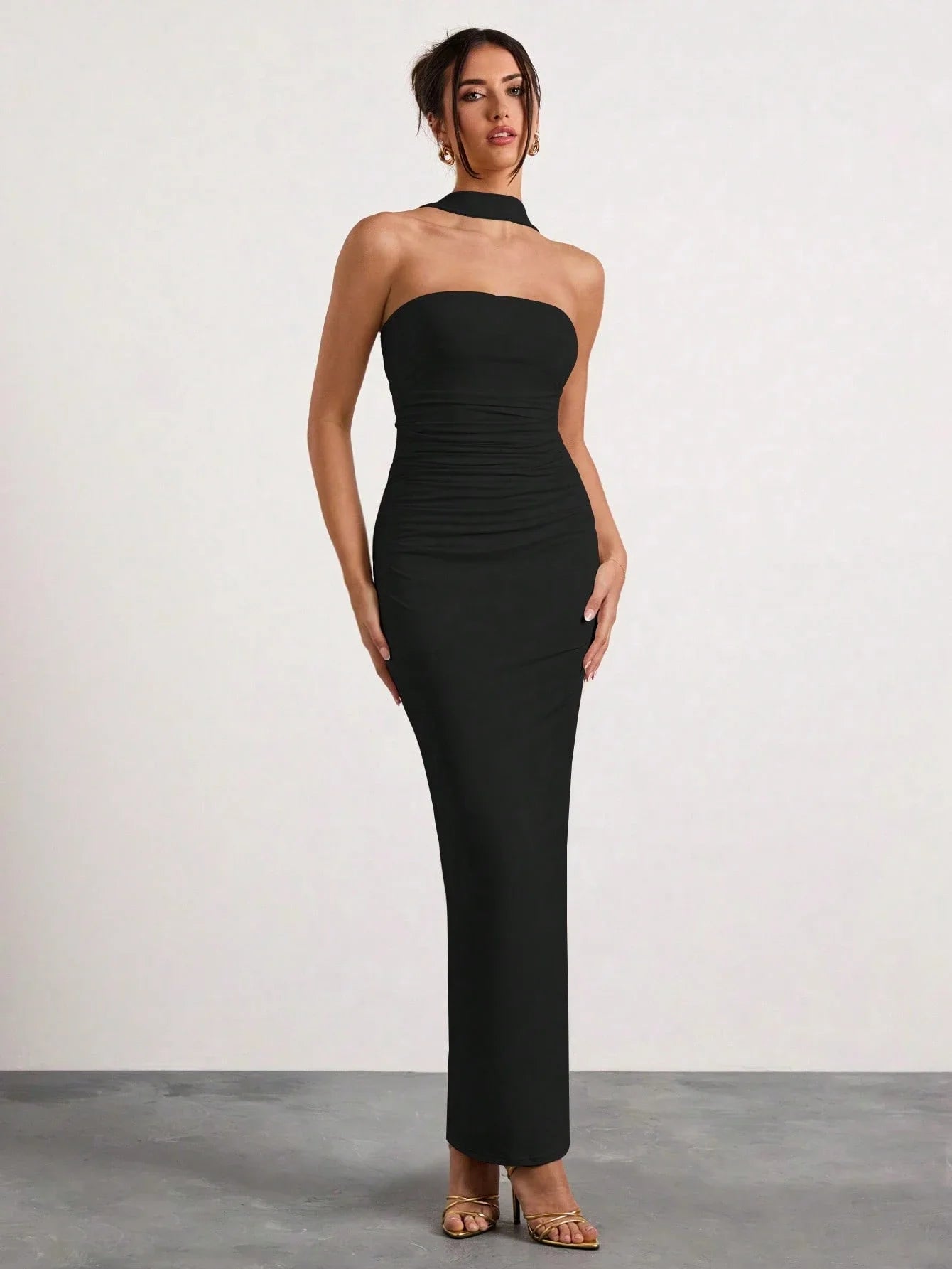 Black Ruched Halter Neck Maxi Dress For Evening Party Formal Occasion