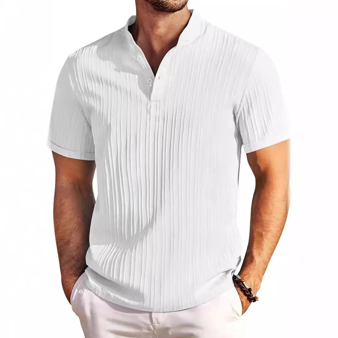 Hawaiian Men's Retro Cotton And Linen Henry Shirt Casual Loose With Sporty Stand-up Collar Buttons 2025 New Men's Casual Shirt