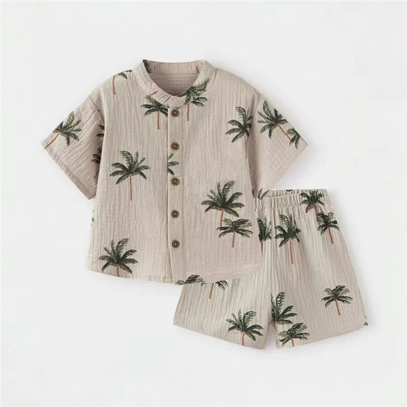 Summer Organic Cotton Baby Boy Suits Cute Printed Boy Short Sleeve Tshirt + Shorts Kids Clothes