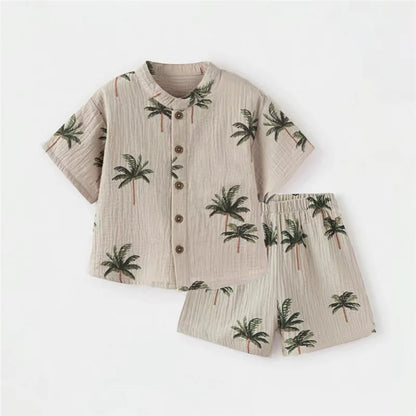 Summer Organic Cotton Baby Boy Suits Cute Printed Boy Short Sleeve Tshirt + Shorts Kids Clothes