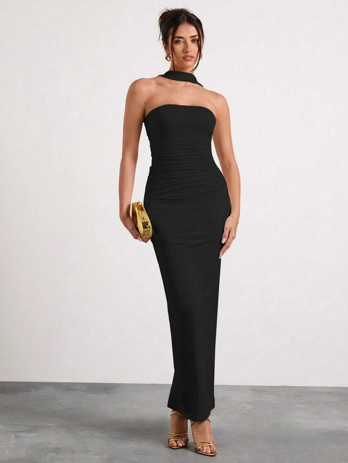 Black Ruched Halter Neck Maxi Dress For Evening Party Formal Occasion