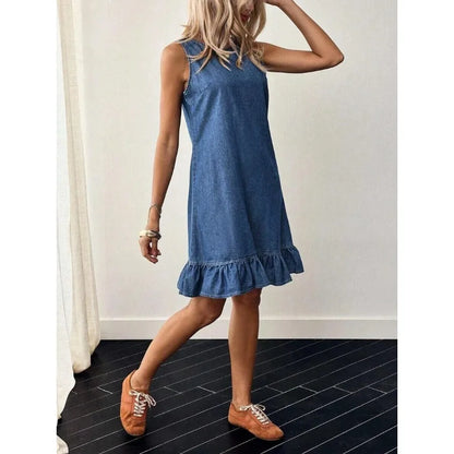 【New style】Button Back Ruffle Hem Denim Dress
