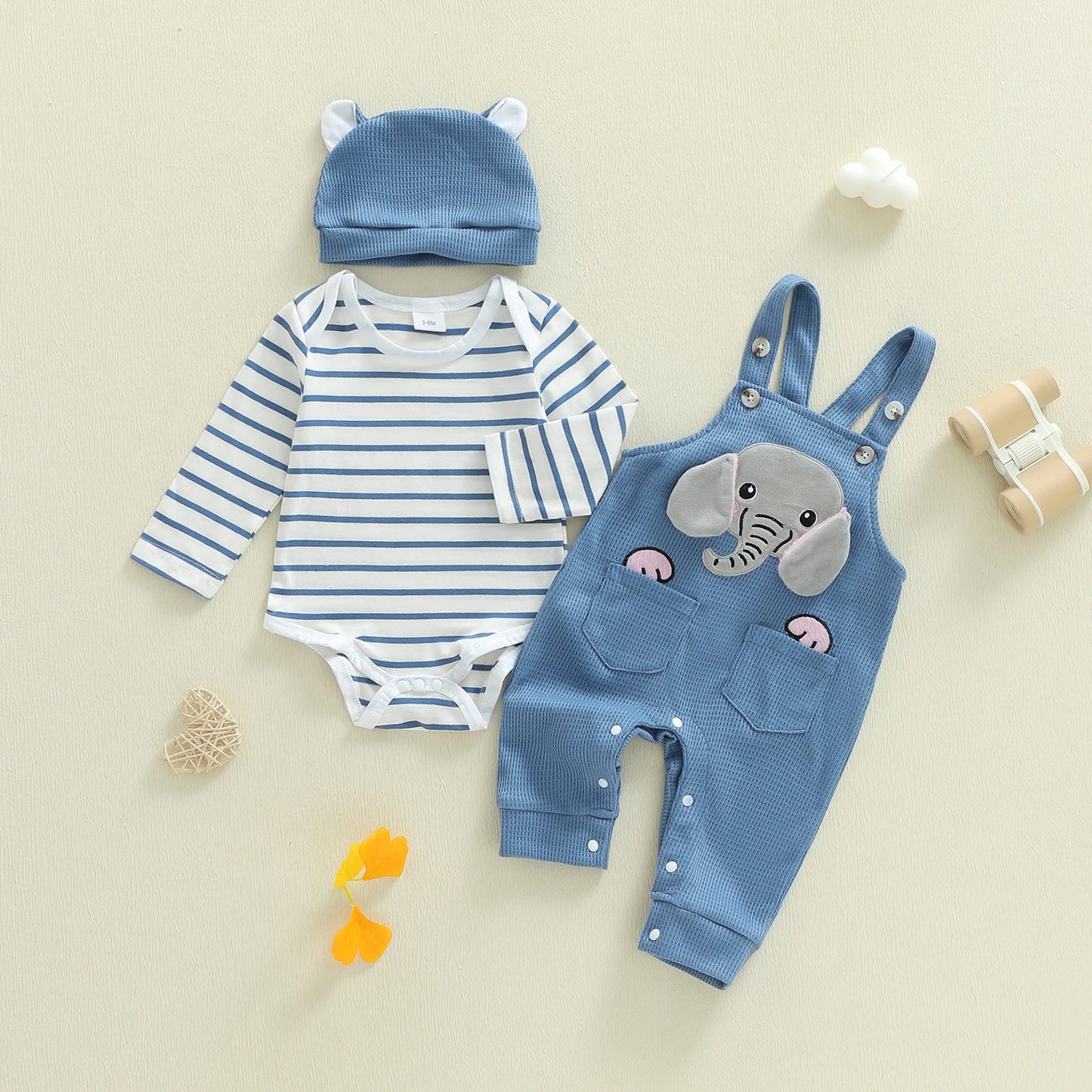 Infant Boys 3-Piece Clothing Set with Striped Romper Elephant Embroidery Suspender Pants and Matching Hat for a Stylish Look