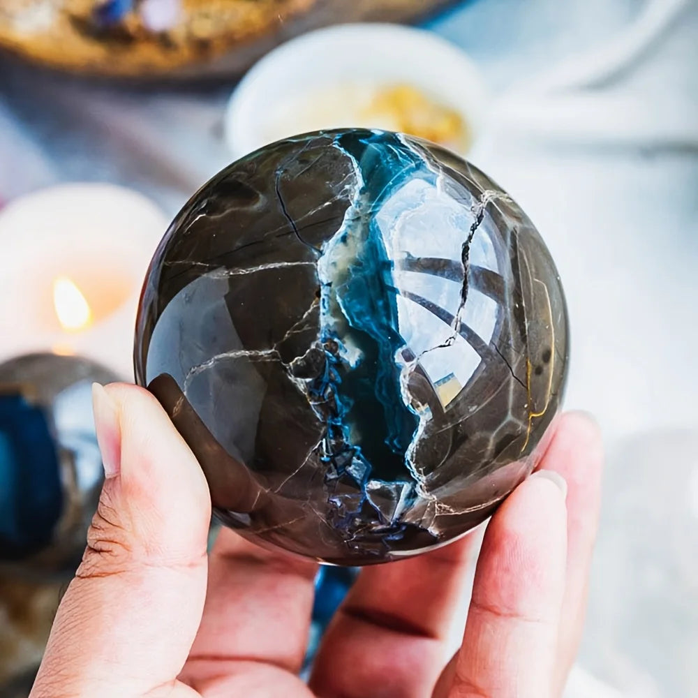 1 UV-reactive volcanic agate ball - luminescent green fluorescent crystal with clusters, volcanic stone home decor