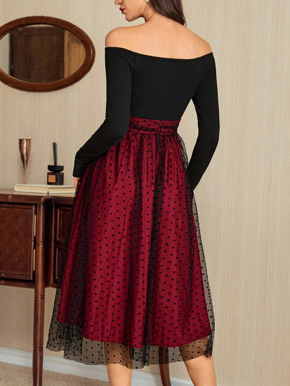 Vintage Elegant Off Shoulder Long Dress Polka Dot Mesh Skirt Party Dress For Women
