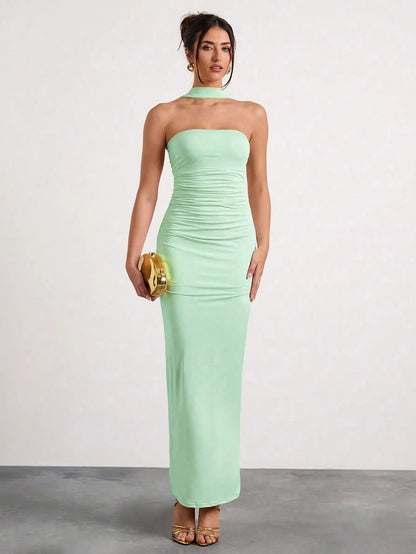 Black Ruched Halter Neck Maxi Dress For Evening Party Formal Occasion