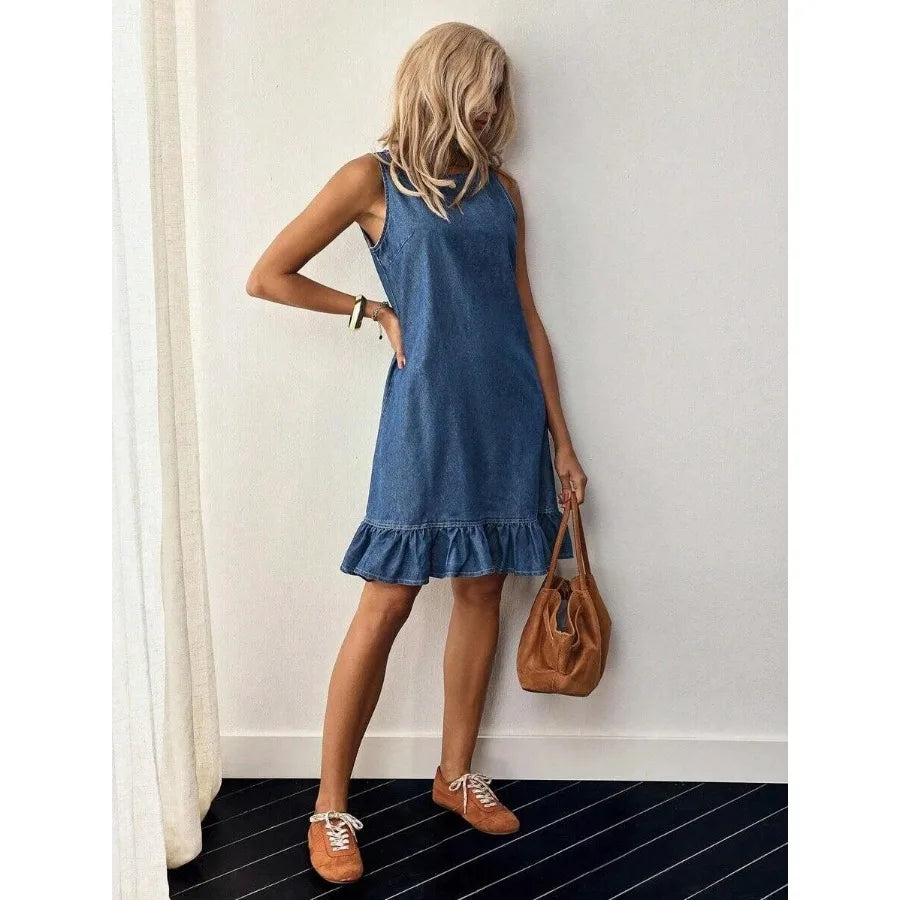 【New style】Button Back Ruffle Hem Denim Dress
