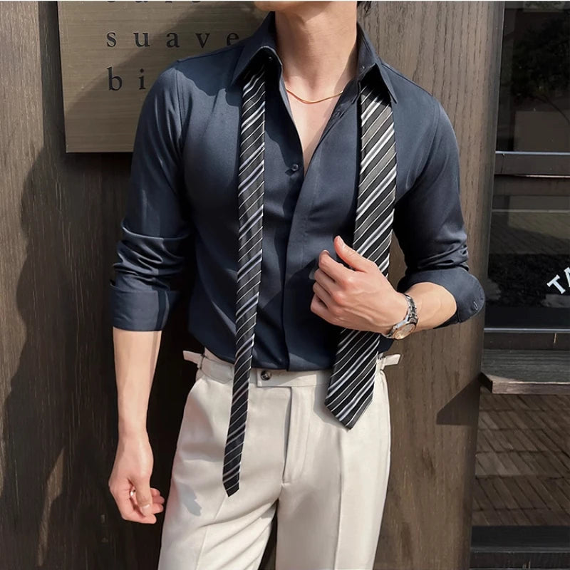 Men's White Long-Sleeve Dress Shirt - Slim  Comfortable Fabric. Ideal for Formal Events & Everyday Wear. Classic & Modern Design