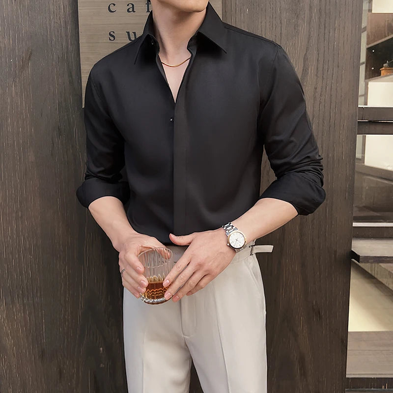 Men's White Long-Sleeve Dress Shirt - Slim  Comfortable Fabric. Ideal for Formal Events & Everyday Wear. Classic & Modern Design