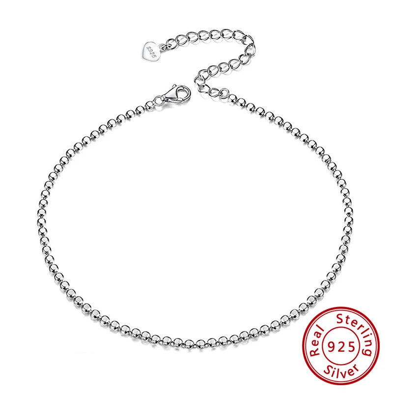 Rinntin 925 Sterling Silver Beads Chain Anklet for Women Fashion Adjustable Summer Beach Foot Bracelet Anklets Jewelry SA13