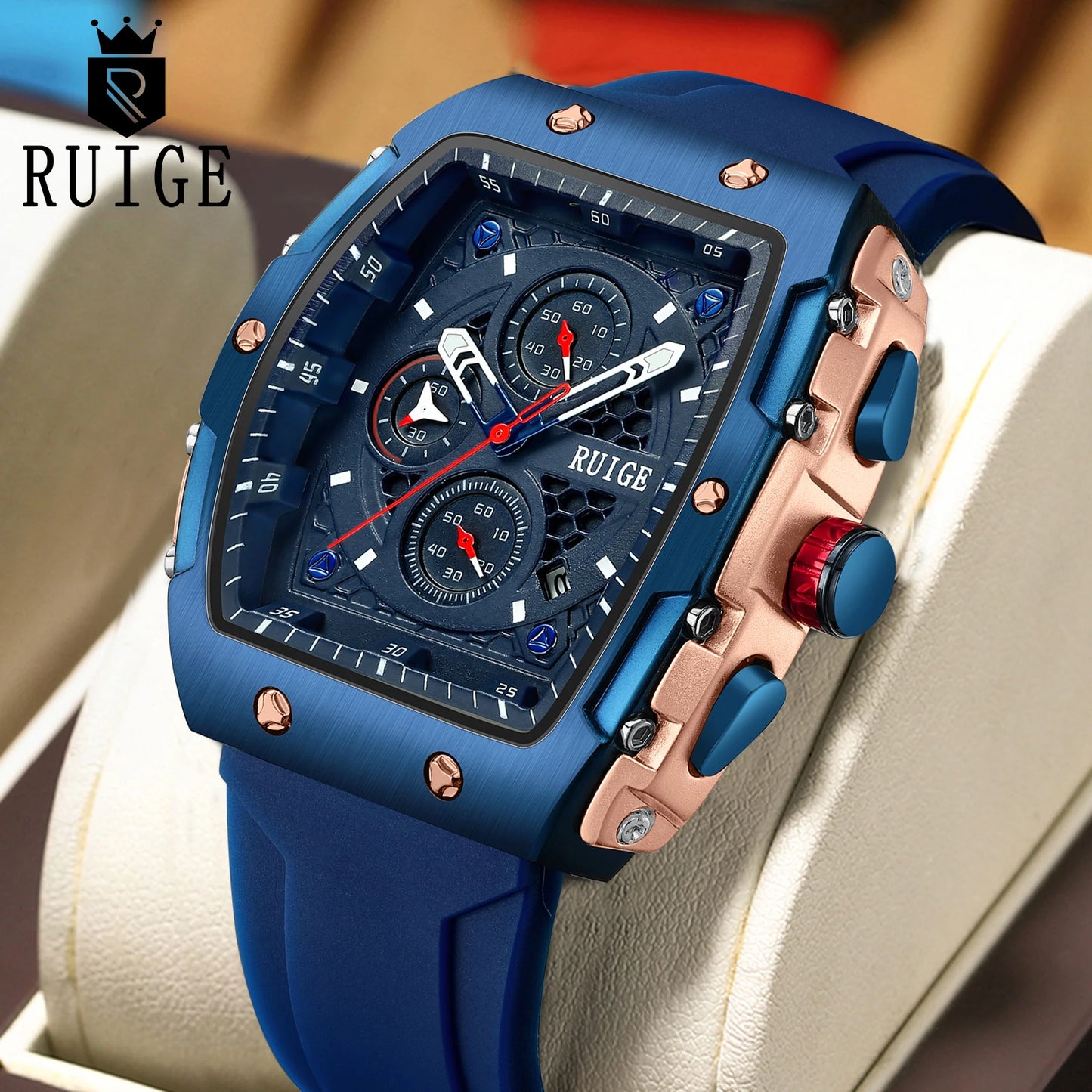 RUIGE Outdoor Wind Wine Barrel shaped Men's Quartz Watch Multi functional Men's Night Light Waterproof Fashion Trend Watch N11