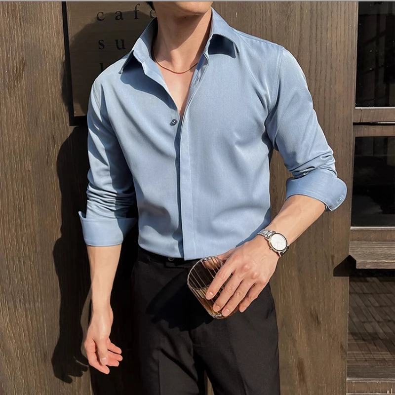 Men's White Long-Sleeve Dress Shirt - Slim  Comfortable Fabric. Ideal for Formal Events & Everyday Wear. Classic & Modern Design