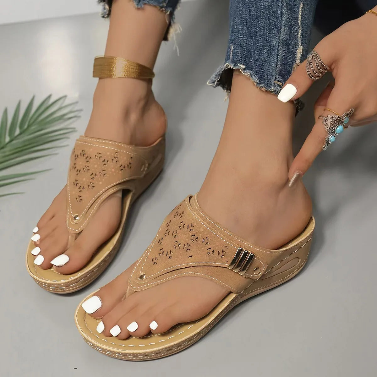 Women's Wedge Thong Sandals with Cut-Out Embroidery & Cork Sole