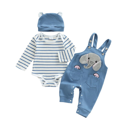 Infant Boys 3-Piece Clothing Set with Striped Romper Elephant Embroidery Suspender Pants and Matching Hat for a Stylish Look