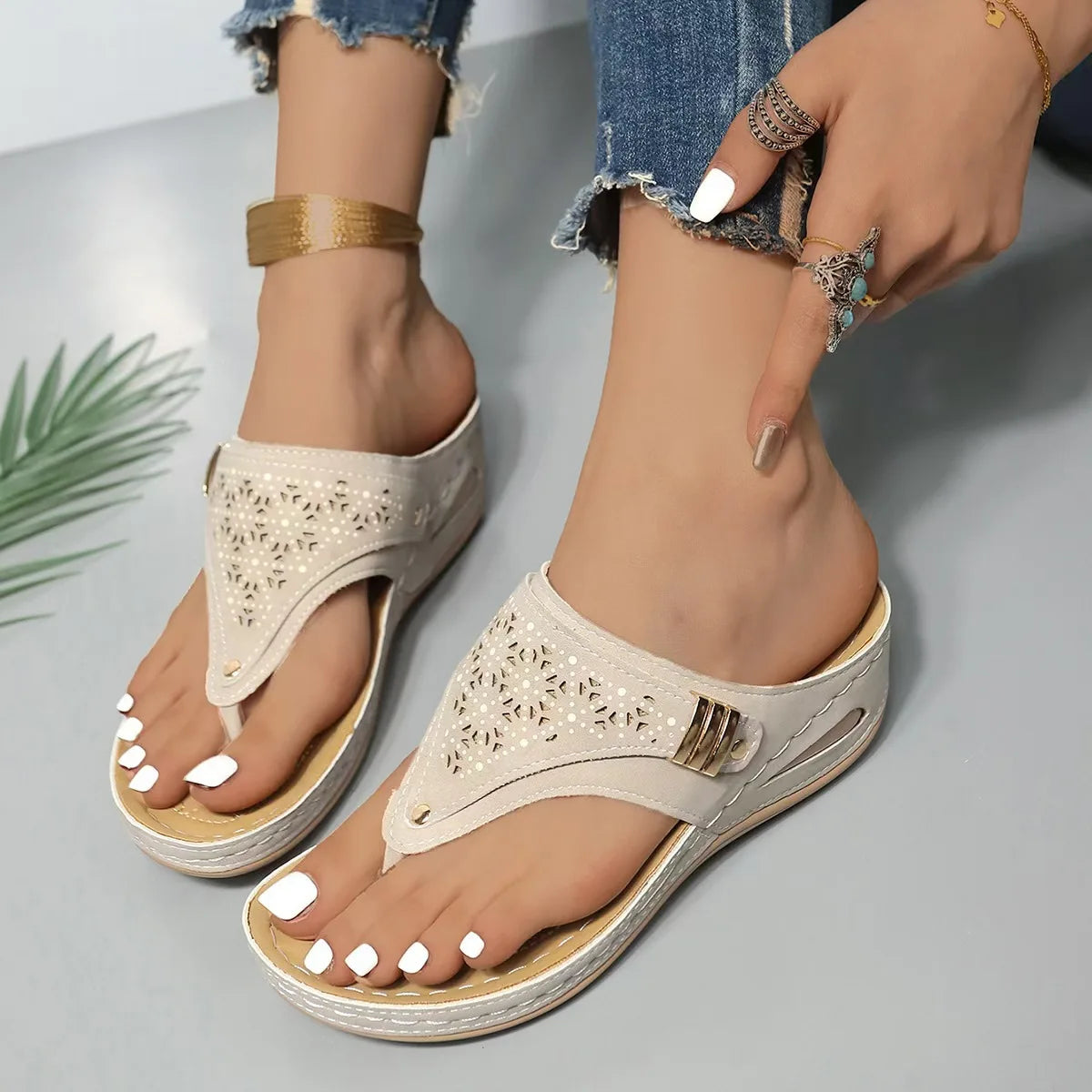 Women's Wedge Thong Sandals with Cut-Out Embroidery & Cork Sole