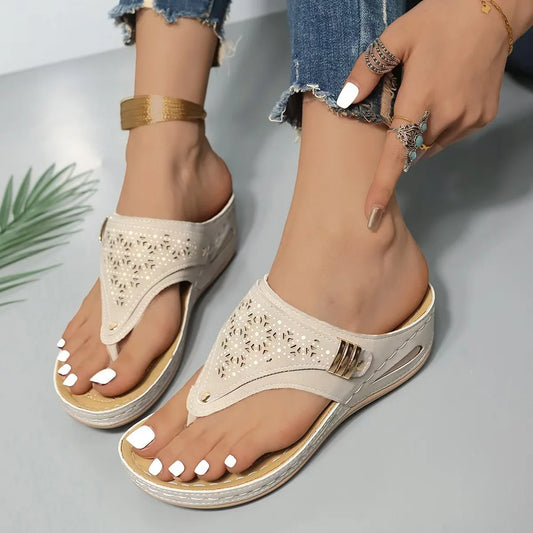 Women's Wedge Thong Sandals with Cut-Out Embroidery & Cork Sole