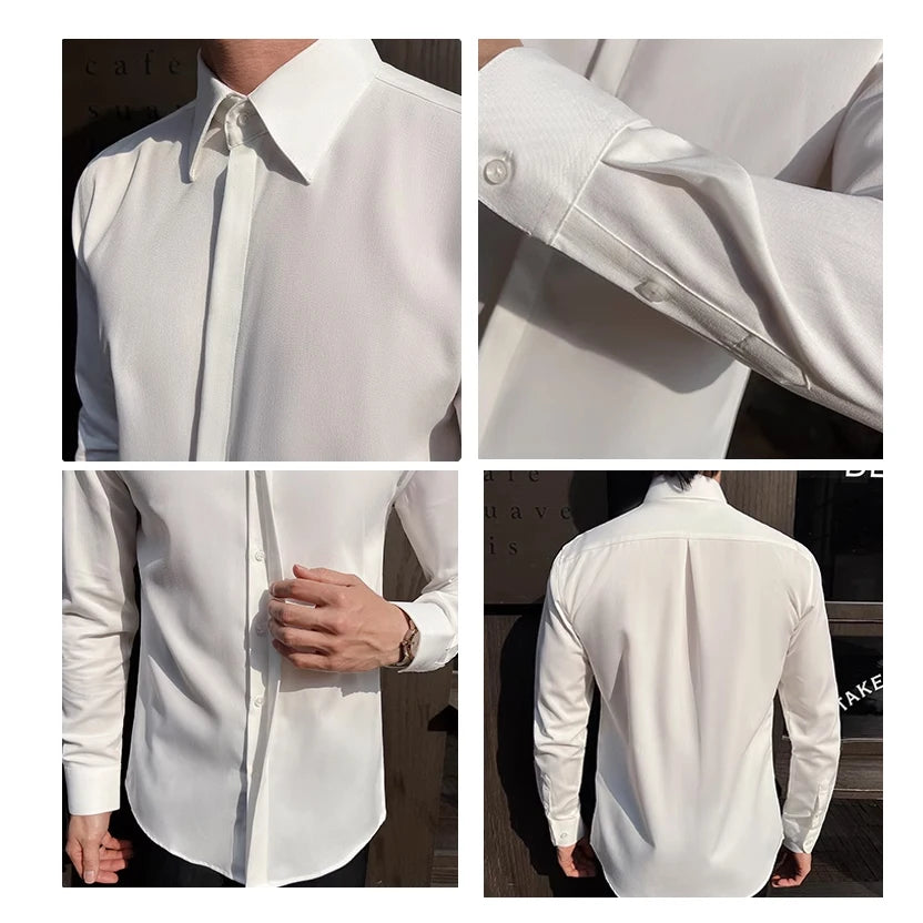 Men's White Long-Sleeve Dress Shirt - Slim  Comfortable Fabric. Ideal for Formal Events & Everyday Wear. Classic & Modern Design
