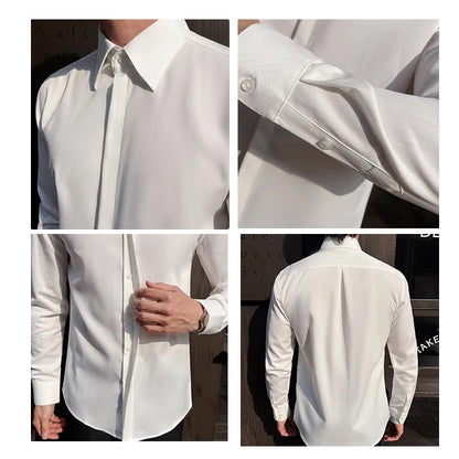 Men's White Long-Sleeve Dress Shirt - Slim  Comfortable Fabric. Ideal for Formal Events & Everyday Wear. Classic & Modern Design