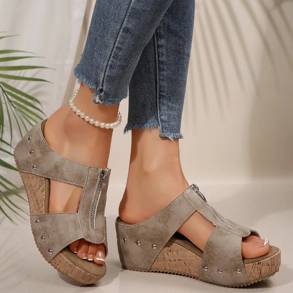Women's Non-Slip Open Toe Cutout Wedge Sandals Cork Platform Mules Comfortable Breathable Summer Footwear