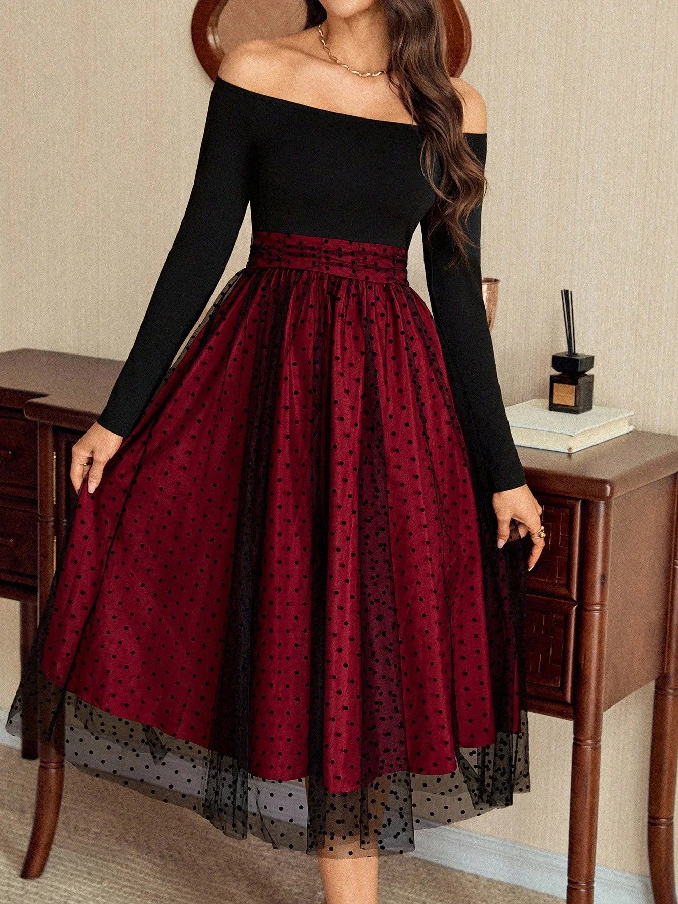 Vintage Elegant Off Shoulder Long Dress Polka Dot Mesh Skirt Party Dress For Women